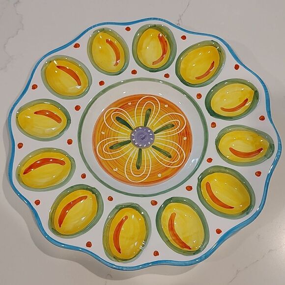 Deruta Hand Painted Deviled Egg Platter Tray Appetizer Dish - Picture 9 of 9
